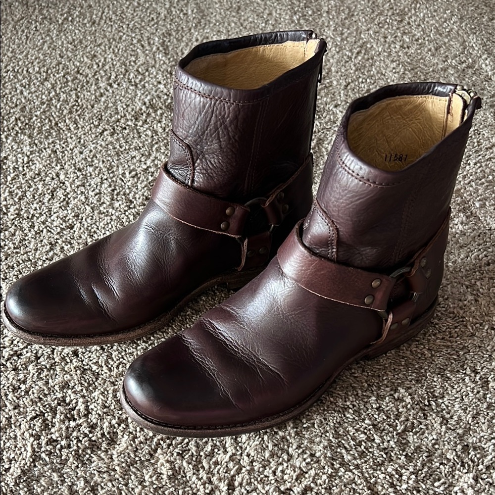 Frye Veronica Harness Mahogany Brown Ankle Boots, Glossy Finish, Rounded Toe